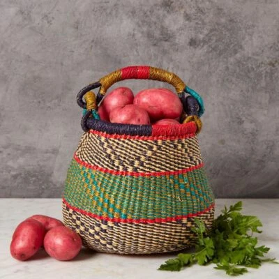 Small Woven Bolga Market Basket, Pot Shape, Boho Patterns, Harvesting, Gardening