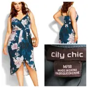City Chic Dress Plus Size 18 Jade Bloom Blossom Midi Faux Wrap Lined Teal NWT