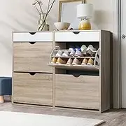 Oikiture Shoe Storage Cabinet with 4 Storage Compartments and 2 Drawers 36 Pairs Shoe Rack Cabinet