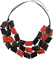 COIRIS 3 Layers Big Faceted Wood Beaded Strand Statement Necklace for Women Chunky Collar (N0018), Wood, Black + red + Dark Brown, 22.2"