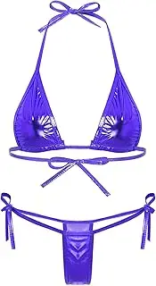 [Choomomo] Women's Extreme Micro Bikini Shiny Metallic Halter Bra Mini G-String 2-Piece Bathing Suit Swimwear
