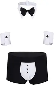 [Lejafay] Mens Tuxedo Costume Waiter Lingerie Set 3 Piece Boxer Briefs with Bow Tie Collar and Bracelets