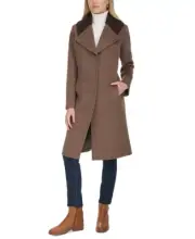 $400 Cole Haan Ribbed Knit Shawl Collar Wool Blend Coat, Portobello, Size 12