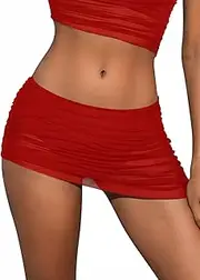 [SHEKINI] Womens Ruched Swim Skirt Mesh Mid Waisted Briefs Bikini Bottom Tummy Control Tankini Bottom Swimsuit