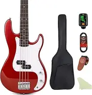 Electric Bass Guitar 4 Strings Full-Size Standard Bass PB-Style Beginner Kit Black for Starter with Gig Bag Guitar Strap and Guitar Cable, MS-FD (red)