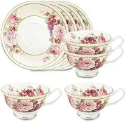 Gracie Bone China 8-Ounce Tea Cup and Saucer, Pink Peony Strawberry, Set of 4