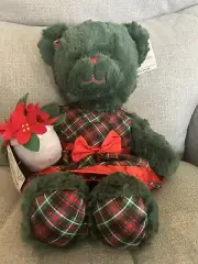 NWT Build A Bear Green Plaid Christmas Bear Dress Poinsettia Wristie