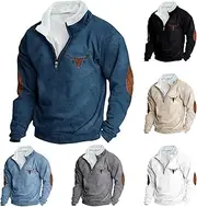 [JIEMUXIU] Men's Quarter Zip Sweater, Western Aztec Sweatshirt, Fleece Lining, Fashion Sweatshirt, Casual, Sporty, Retro, Blue, Large