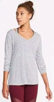 NWT Old Navy SzS Active Go Dry LS Top Gray & White Striped Criss-cross Open Back