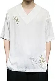 [Generic] Tang Suit for Men Kung Fu Clothing Tops Martial Art Shirt,Summer Chinese Style Men's Retro Loose T-Shirt Embroidered