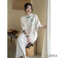 在飛比找蝦皮商城精選優惠-LINNA大尺碼旗袍 中國風改良旗袍2022年新款棉麻袍子白