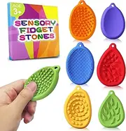Fidget Toys Worry Stone for Kids 6 Pack Silicone Chewy Nacklace Sensory Stones Toy for Autism ADHD Kids Adults Anxiety Relief Quiet Figette Stress Chew Toys Classroom Prizes Stocking Stuffers Gifts