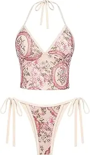 [seamoly] Striped Halter String Tie Side Tankini Set
