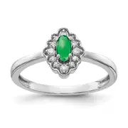 Solid 14k White Gold Simulated CZ and Oval Cabochon Emerald Ring