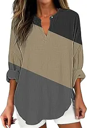 [Generic] Patchwork Top for Women Tunic Tops V Neck Roll Up 3/4 Sleeve T Shirts Plain Graphic Tees Womens Tops Tee Shirts Long Sleeved V Neckline Tops