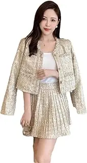 [Generic] Women's 2 Piece Suit Style Sequined Tweed Short Coat + Pleated Skirt Elegant Sets