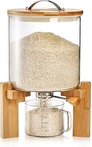 Tlence 5L Glass Rice Dispenser, Cereal Container with Bamboo Stand, Large Airtight Food Storage Bin, Rice Organization Tank with Measuring Cup for Grain Coffee Beans Dry Food