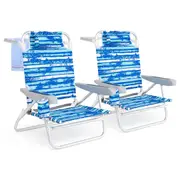 Costway 2-Pack Backpack Beach Chair Camping Picnic Chair w/5-Position Backrest Head Pillow & Cup Holder Blue