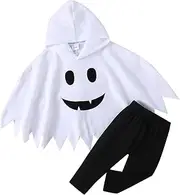 [Loalirando] Toddler Baby Boys Girls Halloween Outfits Smiling Face Print Ghost Cloak Hooded Top Black Pants 2pc Cloak Boo Spooky Ghost Fall Clothes Set