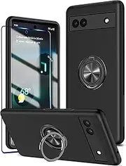 [KRAFTCARE] for Google Pixel 6a Case with Kickstand Ring and Screen Protector, Shockproof and Anti Scratch 360° Magnetic Ring Holder Stand Phone Cover for Google Pixel 6a - Black