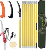 Pole Pruner Saws for Tree Trimming - 7.3-30 ft Manual Pole Saw, Sharp Blade and Scissors, Extendable Design with Lightweight 9 Fiberglass Handles, for Garden High Branch Palms Shrubs Trimmer -Yellow