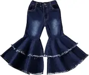 [LXXIASHI] Toddler Girl Double Layered Flared Jeans Kids Ruffle Denim Pants Wide-Legged Bell-Bottoms Trousers