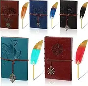Yeaqee 10 Pcs PU Leather Journal Notebook A6 7'' x 5'' Vintage Refillable Travel Notebook and Feather Quill Ballpoint Pen Set 5 Styles Writing Journals Diary with Pendant Feather Pens for Party Favor