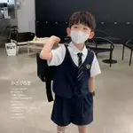 【愛意寶寶】夏季男童夏季套裝新款帥氣寶寶校服兒童薄款幼兒園英倫風網紅拼色假兩件短袖襯衫休閒西裝短褲學院風套裝夏天衣服正韓