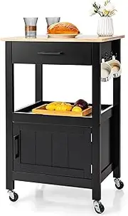 Giantex Small Kitchen Island Cart on Wheels, Rolling Kitchen Island w/Rubber Wood Top, Large Drawer, 3 Hooks, Open Shelf, Door Cabinet, Suitable for Kitchen & Dining Room, Black