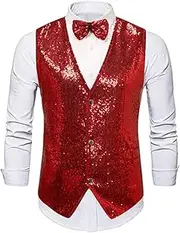 [HEYDHSDC] Men Vintage Sequins Suit Dress Vests With Pockets Ball Party Stage Performance Splice Waistcoat Red M