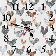 Britimes Square Wall Clock Silent Non-Ticking Battery Operated Clock 12 Inch, Funny Farm Rooster Chicken Home Decor for Living Room, Bathroom, Bedroom, Kitchen, Office and School