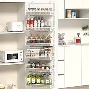 6Tier Over Door Storage, Adjustable Back of Door Storage Organizer with Hook for Each Layer, Metal Behind Door Storage Kitchen Pantry Spice Rack Can Organizer(White)