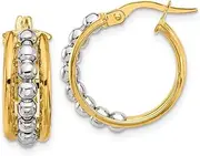 [JewelryWeb] 14k Solid Gold Two tone Polished and Beaded Hoop Earrings 19.3x19.2mm Wide 7mm Thick-Hoop Earring for Women