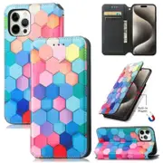 For Apple iPhone 15 Pro Leather Wallet Flip Case With RFID Blocking Credit Card Holder Slots Cover - Colored Squares