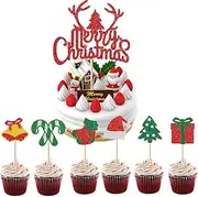 Christmas Cupcake Toppers 14pcs Glitter Xmas Cupcake Toppers 1pcs large Merry Christmas Cake Toppers Reindeer Christmas Tree Gift Sock Christmas Hat Toothpick Flags for Holiday Party Cake Decoration