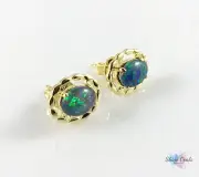 Genuine Australian Opal Stud Earrings 7x5mm 18ct Gold Plated 925 Sterling Silver