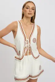 White Linen Vest Sleeveless Embroidery - Size 14L, Women's Jacket