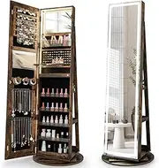 Giantex 160 cm Standing Jewelry Cabinet w/Adjustable LED Lights, 360° Swivel Lockable Jewelry Armoire Organizer w/Full-Length Mirror, Makeup Mirror & Foldable Makeup Shelf (Coffee)