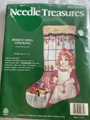 Needle Treasures crewel Embroidery stocking Bisque Baby doll Elmore Christmas
