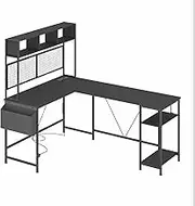 Ufurniture Corner Computer Desk with Power Outlet 170cm Reversible L Shaped Desk with Storage Shelf Work Desk with Led Lights Pegboard, Black