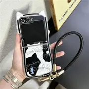 Cat Phone Case / Strap / Set - Samsung Flip With Strap - White Ear - Black & White - Samsung Z Flip 3 / 4