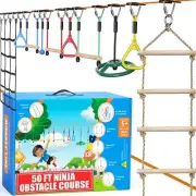 Ninja Warrior Obstacle Course for Kids, 2x50 ft Slackline, 10 Weatherproof Ob...