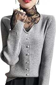 [Generic] Women's Lace Mesh Velvet Knit Top - Floral Print Beaded Crewneck Long Sleeve Loose Fit Blouse