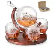 Gifts for Men Dad Whiskey Decanter Globe Set & 4 Etched Glasses Anniversary B...
