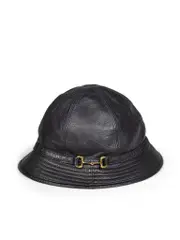 Black Leather Horsebit Accent Bucket Hat