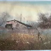 Vintage Hand Painted Original Painting On Canvas 12" x 16" Farm / Barn Flawed