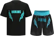 [inhzoy] Kids Boys Boxing Training Outfit Sequin Printed T-shirt with Boxer Shorts Set Muay Thai MMA BJJ Costume