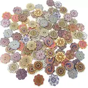 100PCS 25mm 1 Inch Assorted Patterns Flower Shaped Vintage Wood Buttons