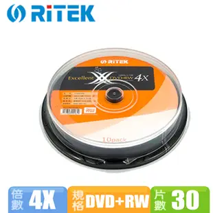 錸德 RiTEK X系列 4X DVD+RW 光碟片 (30片布丁桶裝)