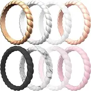 [ThunderFit] Thin Braided Silicone Wedding Rings for Women - 10 Rings / 8 Rings / 4 Rings / 1 Ring Stackable Rubber Engagement Band 3.1mm Width - 2mm Thick